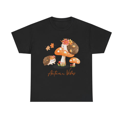 Black t-shirt featuring a cute hedgehog and mushroom 'Autumn Vibes' design.