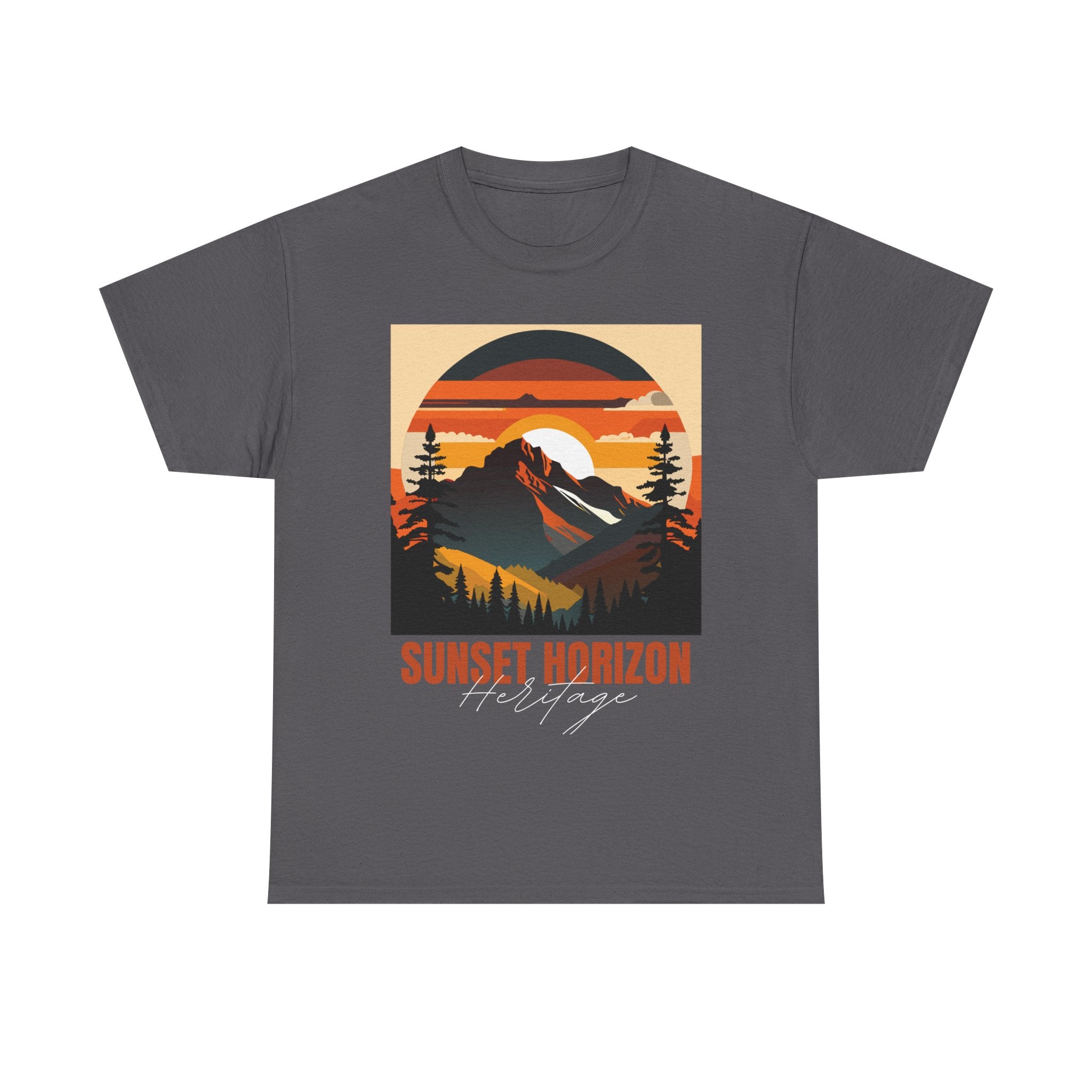 Gray t-shirt with a graphic of a mountain sunset scene and the text 'Sunset Horizon Heritage'.