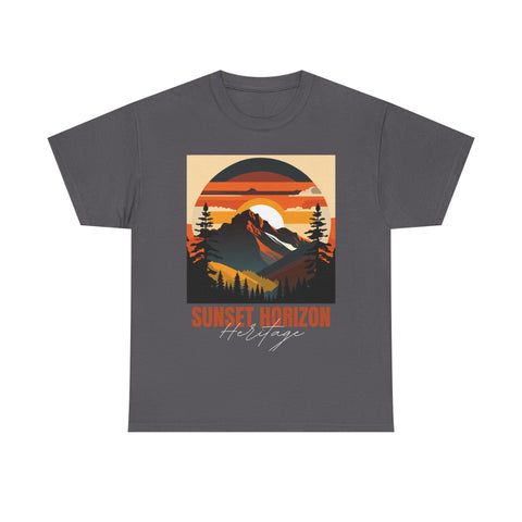 Gray t-shirt with a graphic of a mountain sunset scene and the text 'Sunset Horizon Heritage'.