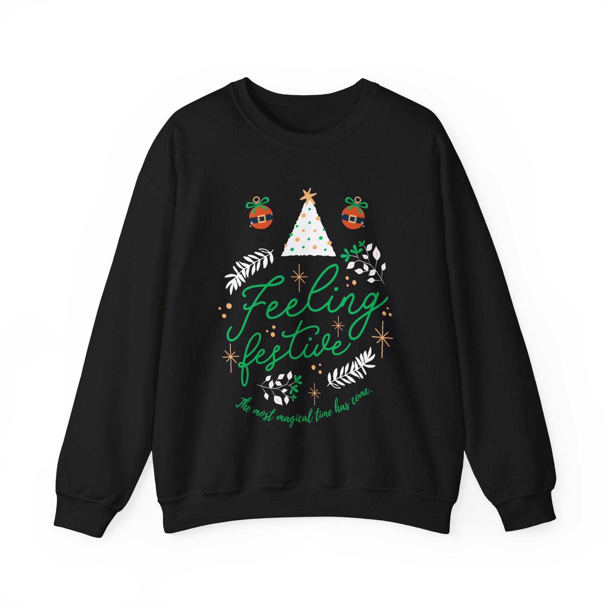 Black 'Feeling Festive' Christmas sweatshirt with tree and ornament graphic.