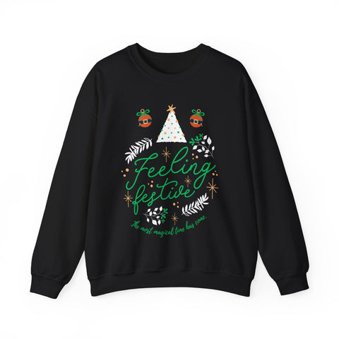 Black 'Feeling Festive' Christmas sweatshirt with tree and ornament graphic.