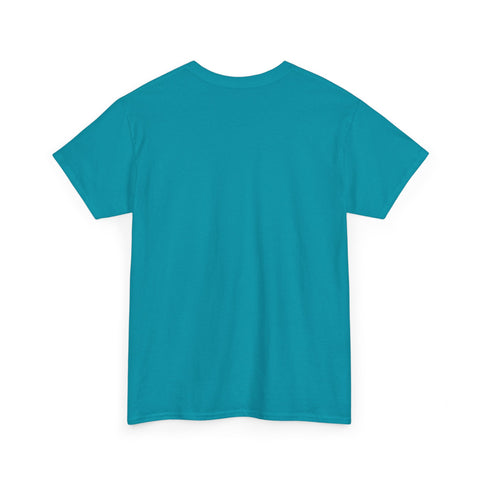 Back of a teal crewneck t-shirt, short sleeves, solid color.