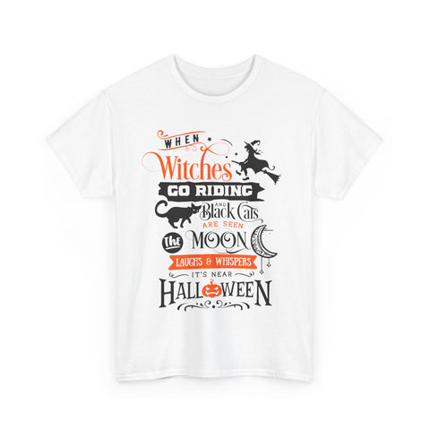 White T-shirt with a Halloween graphic featuring witches, black cats, and the moon design.