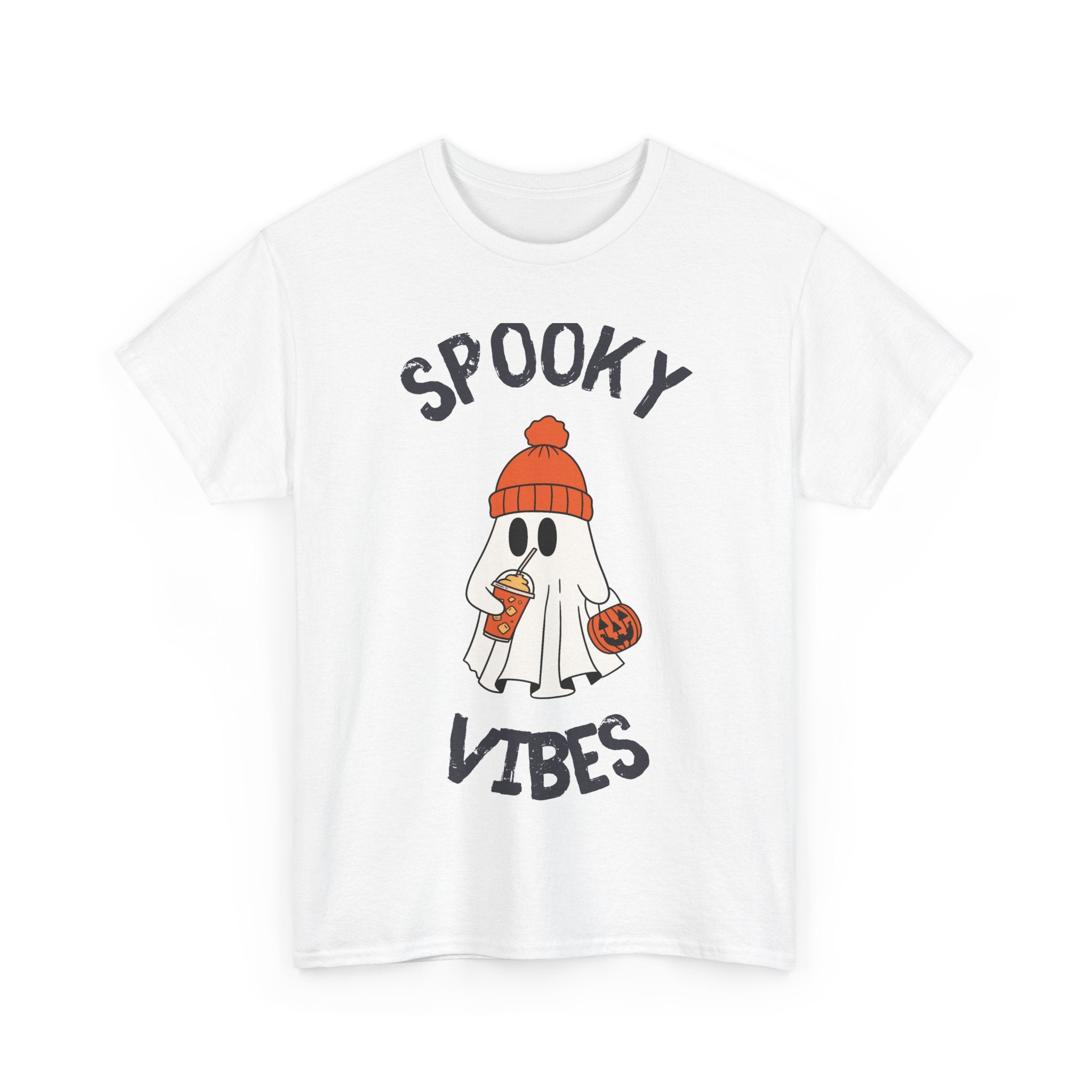 White t-shirt with a Halloween ghost graphic holding a pumpkin and drink. 'Spooky Vibes' text above and below.