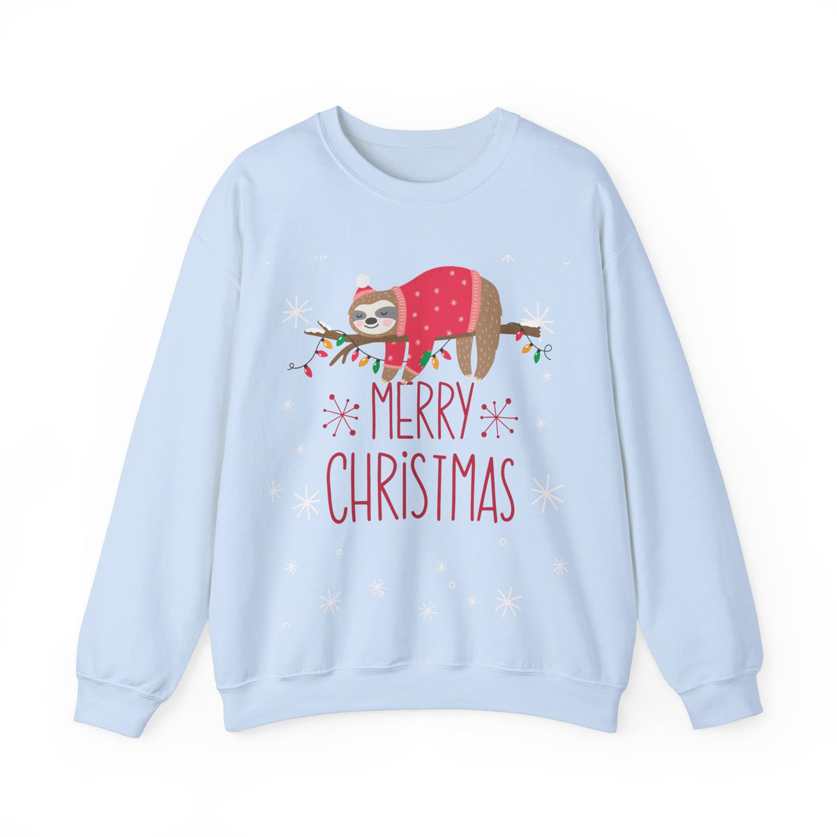 Light blue 'Merry Christmas' sweatshirt with sloth wearing a Santa hat and sweater, draped on a branch with lights.