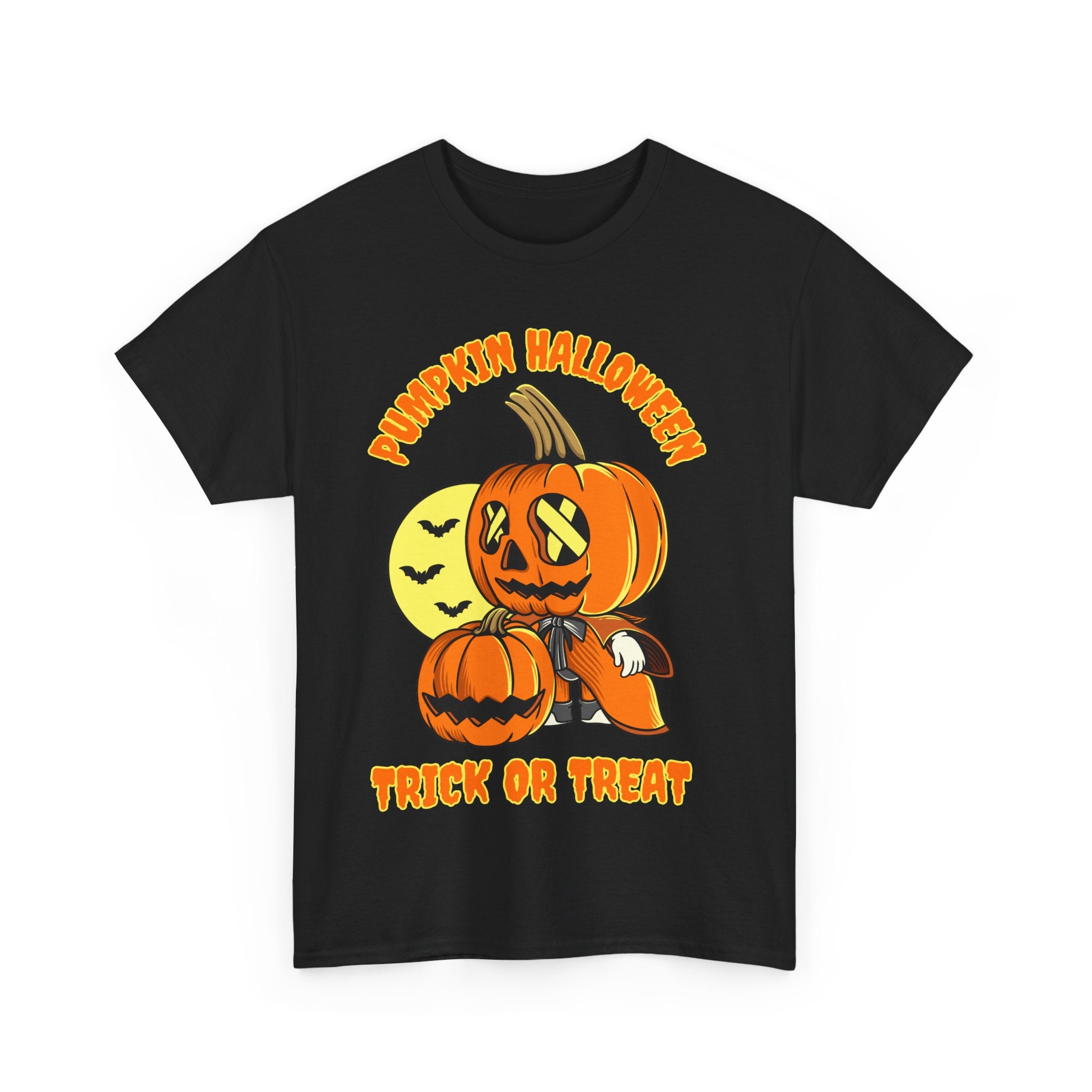 Black Halloween t-shirt with a cartoon pumpkin character holding a pumpkin and the phrase 'Trick or Treat'.