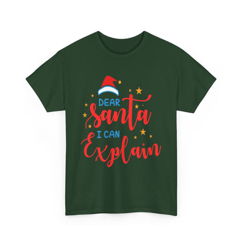 Green t-shirt with 'Dear Santa I Can Explain' graphic. Funny Christmas shirt.