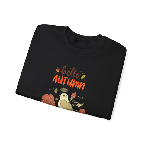 Black 'Hello Autumn' sweatshirt with bird and floral design.