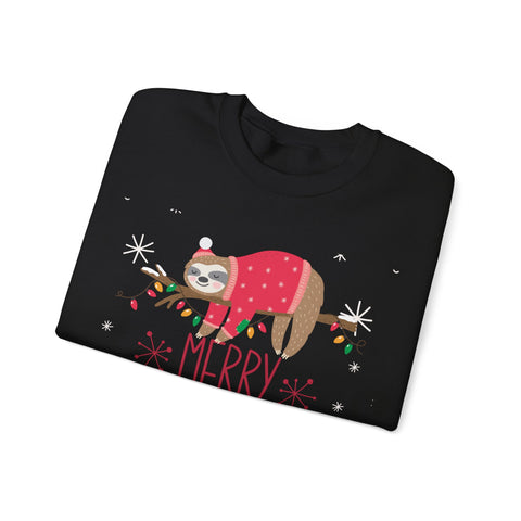 Black sweatshirt with a festive sloth wearing a sweater and hat resting on a branch with Christmas lights. The word 'Merry' is also on the shirt.