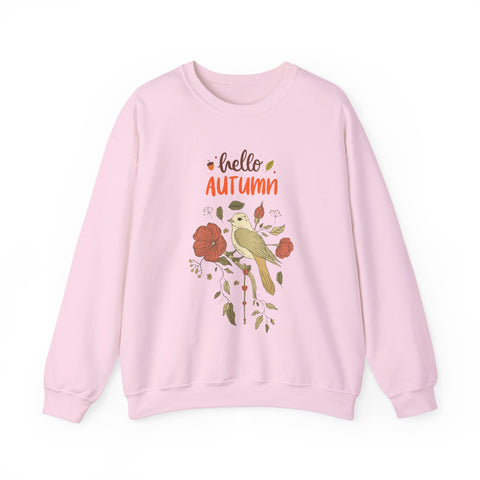 Light pink sweatshirt with a 'Hello Autumn' design featuring a bird and flowers.