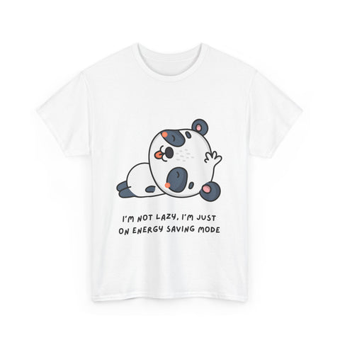 White t-shirt featuring a cartoon panda and the saying 'I'm not lazy, I'm just on energy saving mode.'