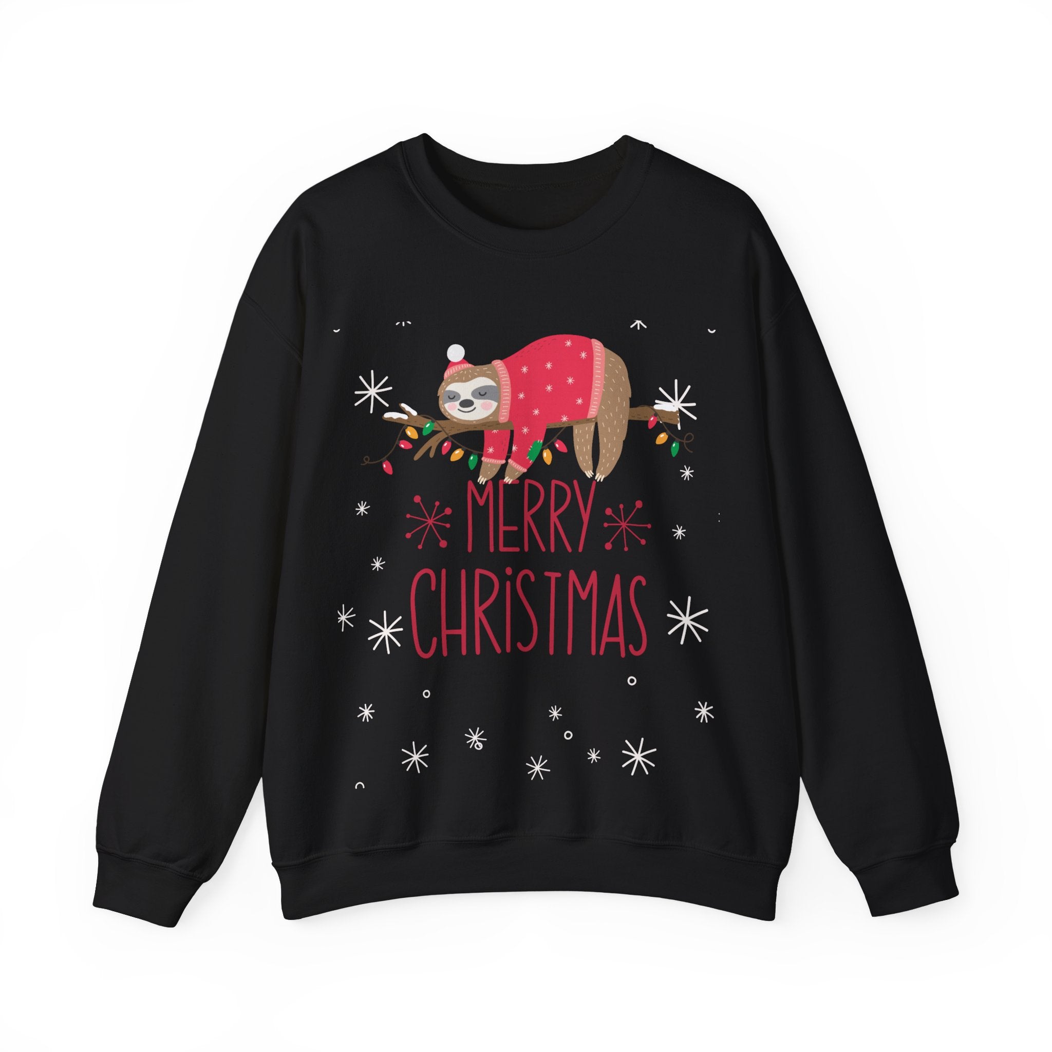 Black sweatshirt featuring a sloth wearing a Santa hat and sweater with 'Merry Christmas' text.