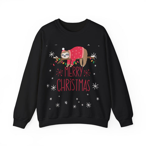 Black sweatshirt featuring a sloth wearing a Santa hat and sweater with 'Merry Christmas' text.