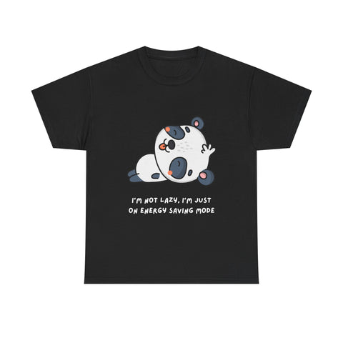 Black t-shirt featuring a cartoon panda lying down with the quote: I'm not lazy, I'm just on energy saving mode.