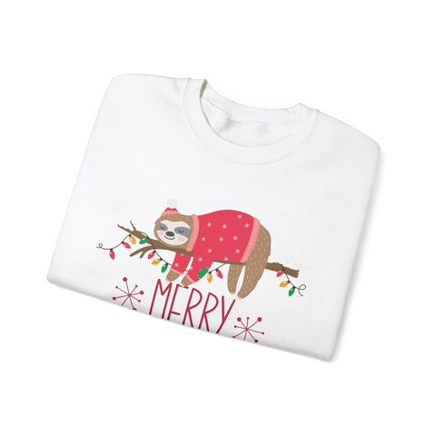 White sweatshirt with a sloth wearing a red sweater and hat, sleeping on a branch with Christmas lights. 'Merry' is written below.