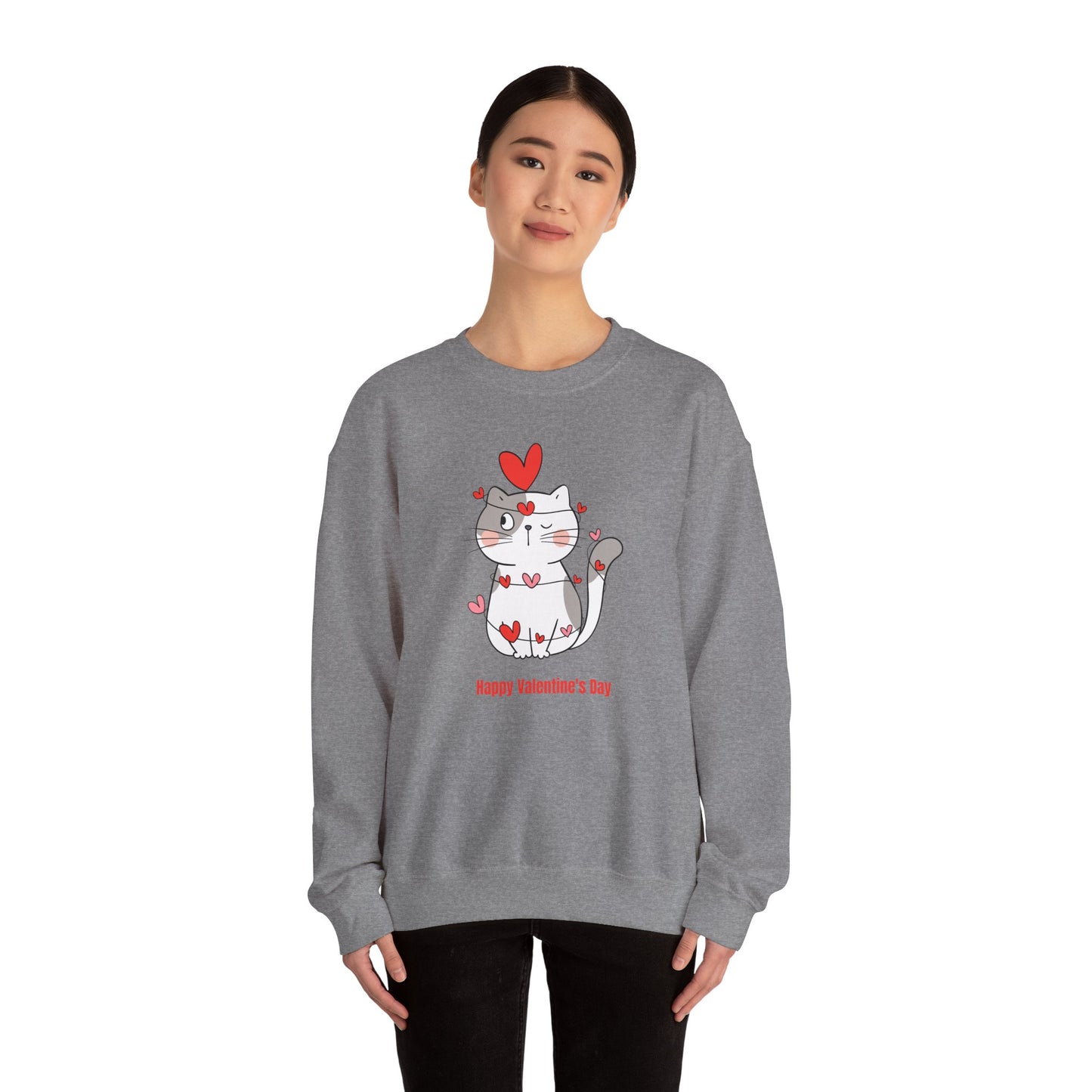 Cute Cat Valentine's Day Crewneck Sweatshirt, Cozy Unisex Sweatshirt, Cat Lover Gift, Valentine's Day Apparel, Everyday Comfort Wear