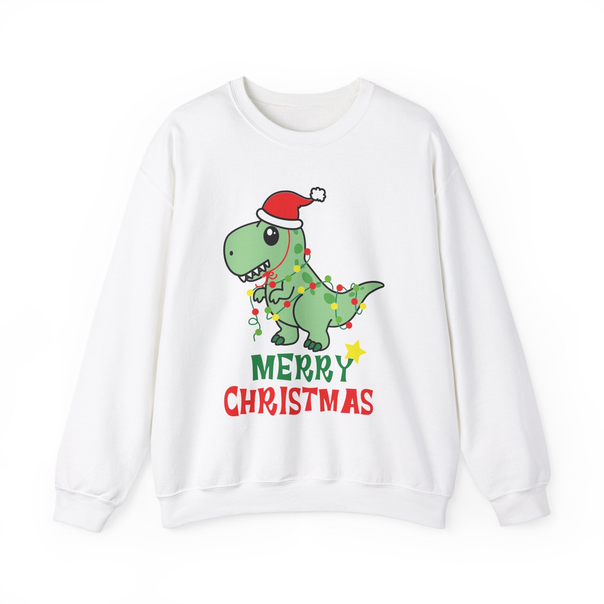 White Christmas sweatshirt with a cartoon dinosaur wearing a Santa hat and Christmas lights.